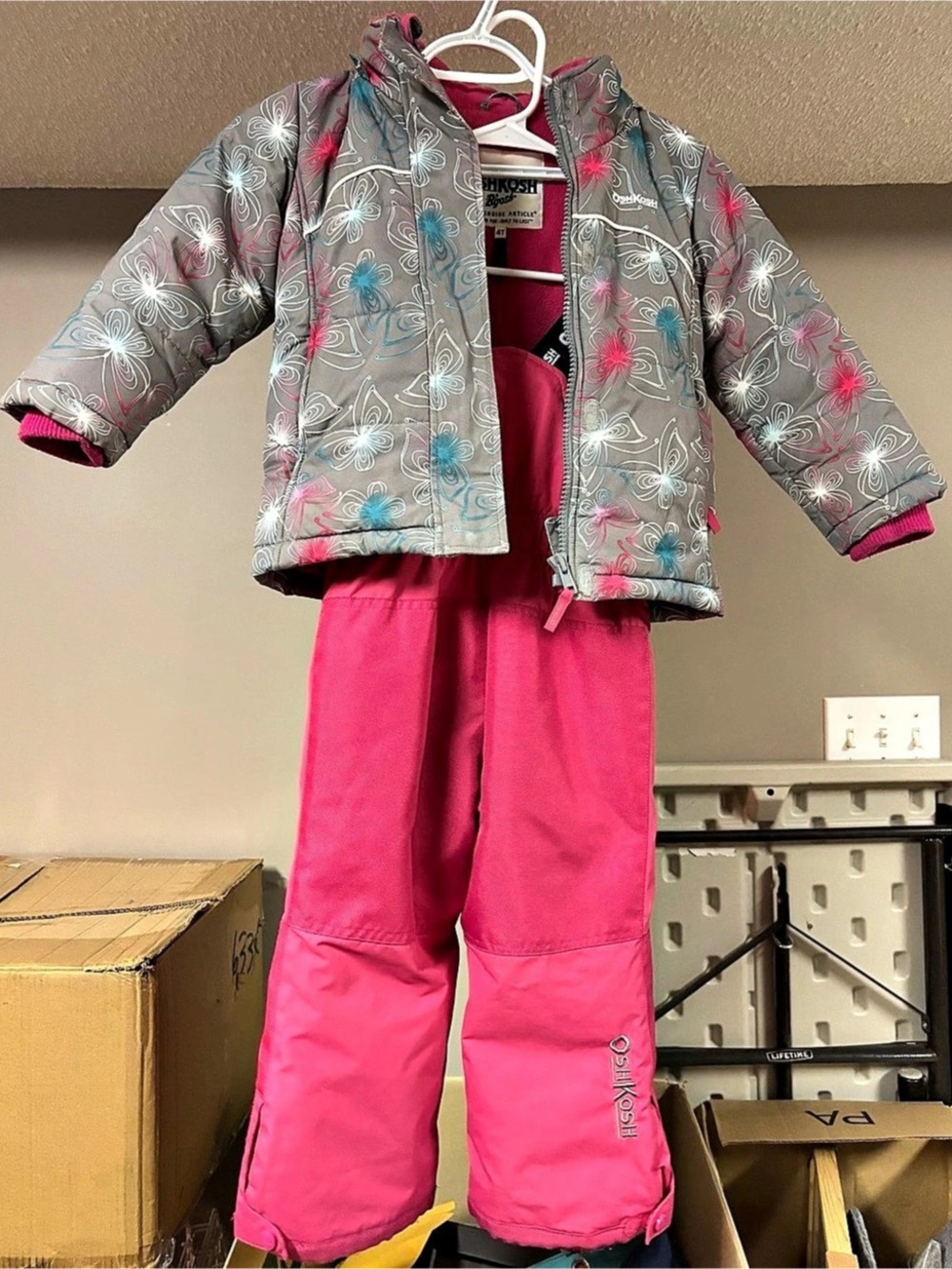 OshKosh B'gosh Girls Gray Butterfly Print Winter Snowsuit Jacket and Bib Set
